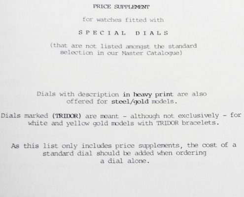 Rolex Dial Selection and Price Supplement for Special Dials (1986) – Dial Price List